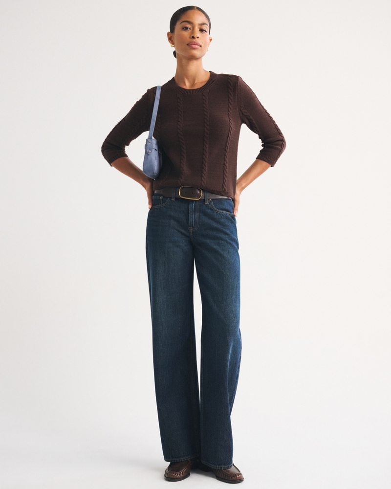 100% Cotton 3/4 Sleeve Cable-Knit Sweater