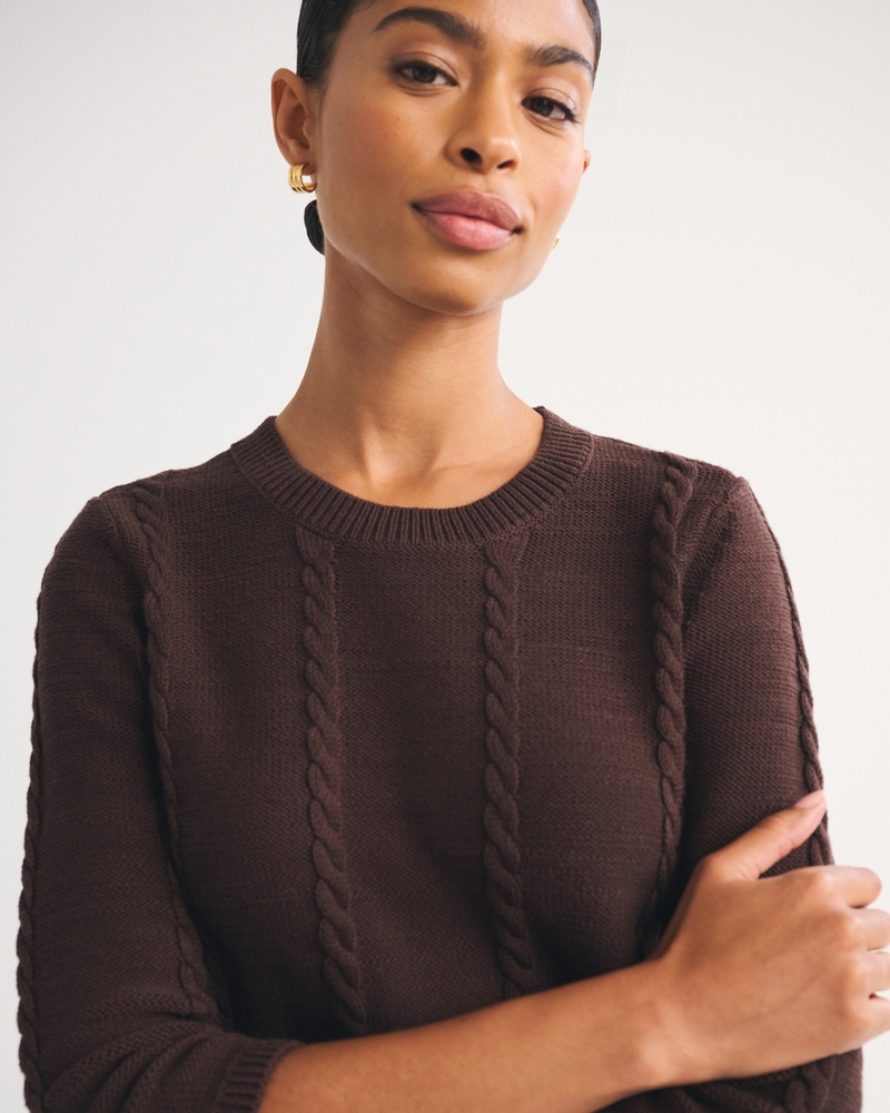 100% Cotton 3/4 Sleeve Cable-Knit Sweater - thumbnail 3