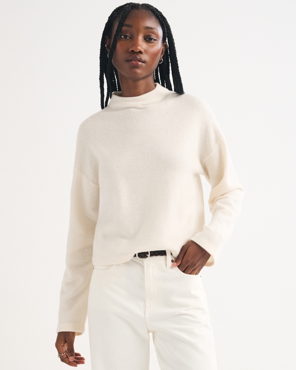 100% Merino Wool Easy Mock Neck Sweater, Warm Beige view 1