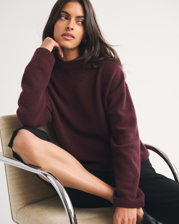 100% Merino Wool Easy Mock Neck Sweater, Burgundy view 1