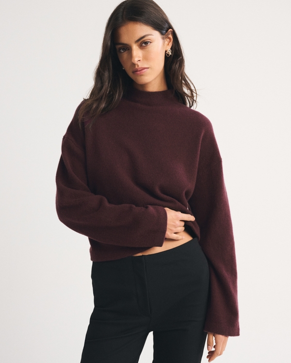 100% Merino Wool Easy Mock Neck Sweater, Burgundy view 2