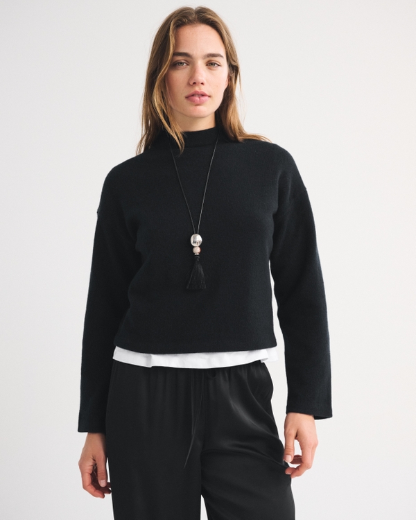 100% Merino Wool Easy Mock Neck Sweater, Black view 1