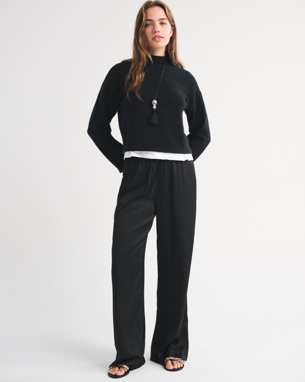 100% Merino Wool Easy Mock Neck Sweater, Black view 2