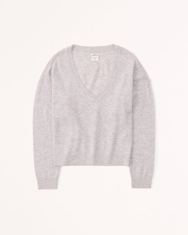Cashmere V-Neck Sweater, Light Grey