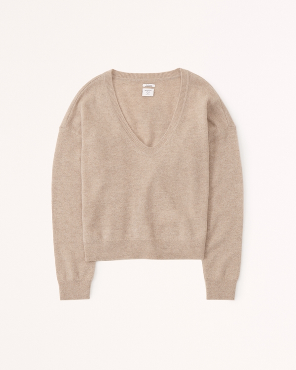 Cashmere V-Neck Sweater, Light Brown