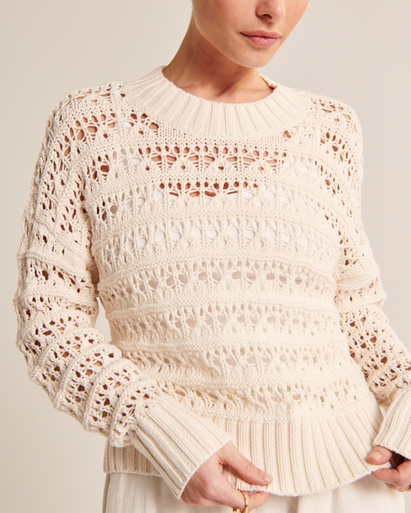 Crochet-Style Wedge Sweater, White