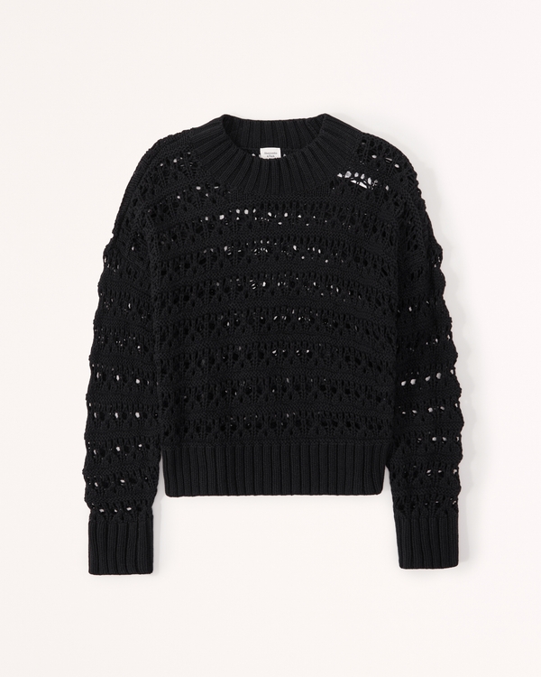Crochet-Style Wedge Sweater, Black