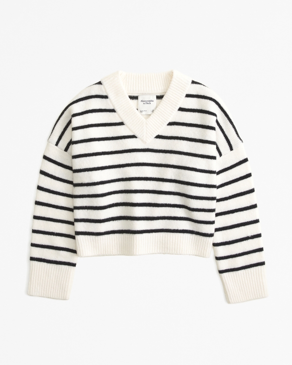 Wedge V-Neck Sweater, White Stripe