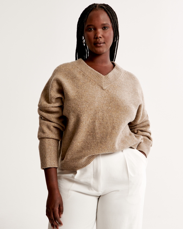 Wedge V-Neck Sweater, Taupe