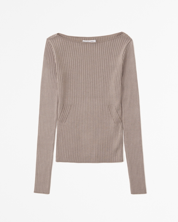 Glossy Slash Sweater Top, Taupe