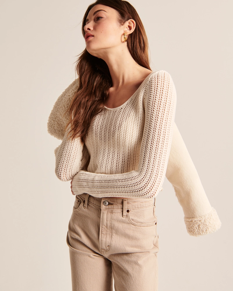 Long-Sleeve Crochet-Style Scoopneck Top