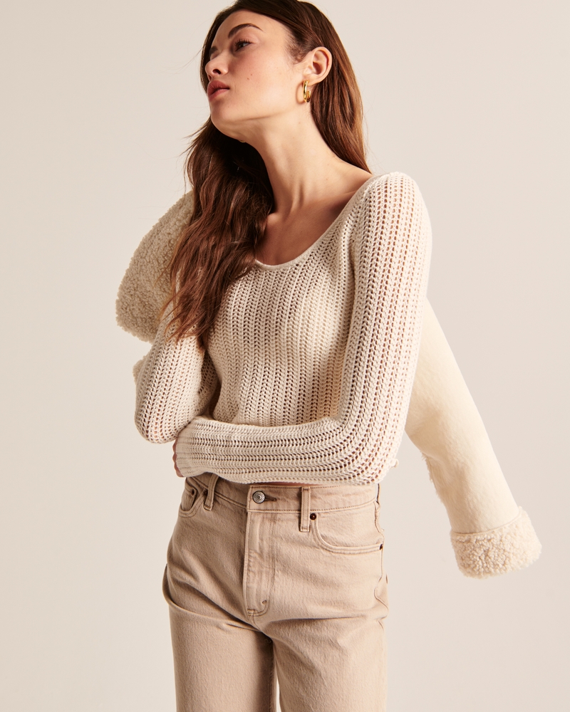 Long-Sleeve Crochet-Style Scoopneck Top