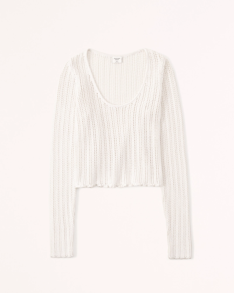 Long-Sleeve Crochet-Style Scoopneck Top