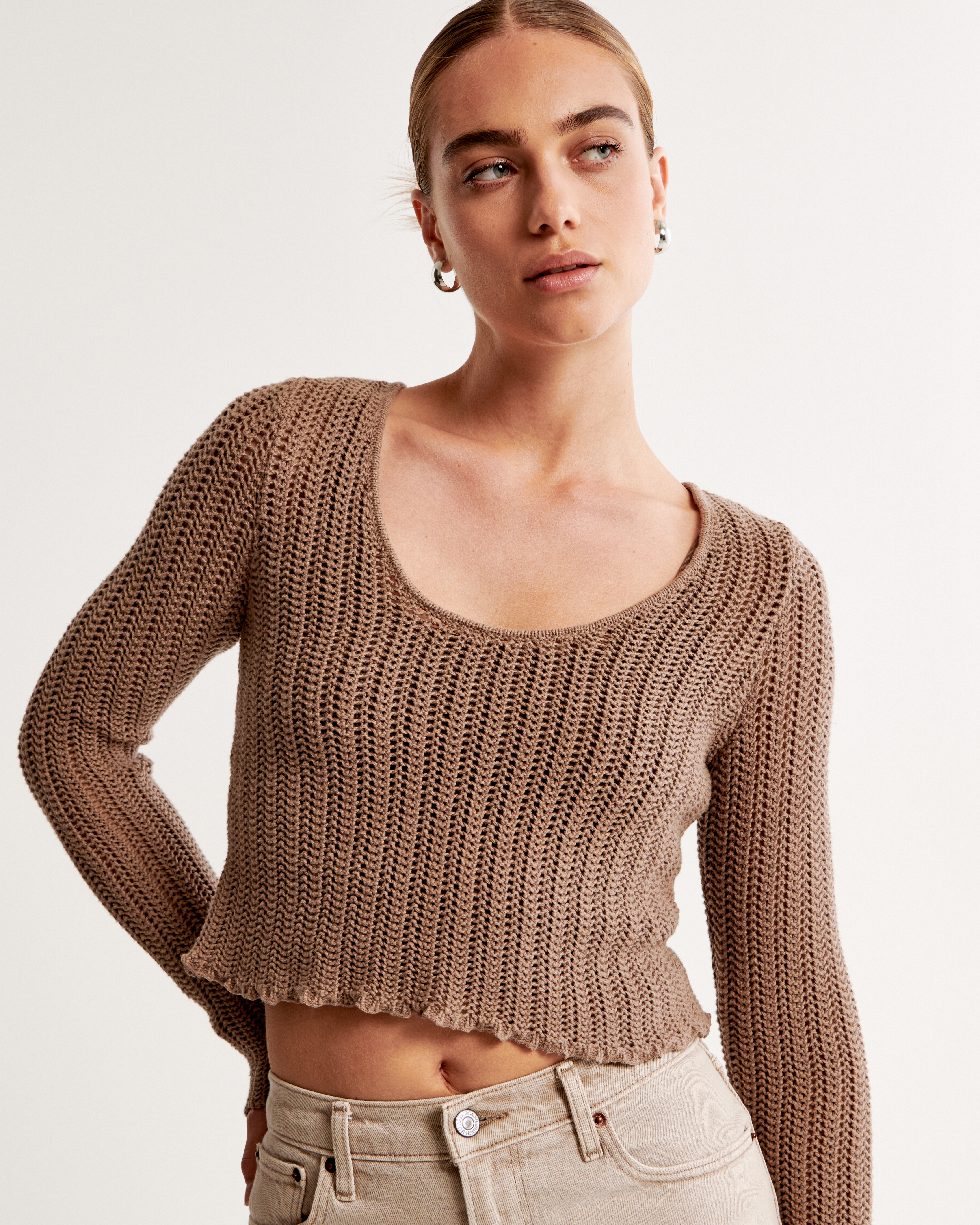 Long-Sleeve Crochet Scoopneck Top