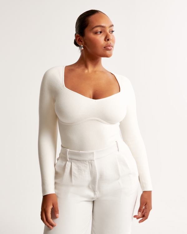 Long-Sleeve Sweetheart Sweater Bodysuit, Cream