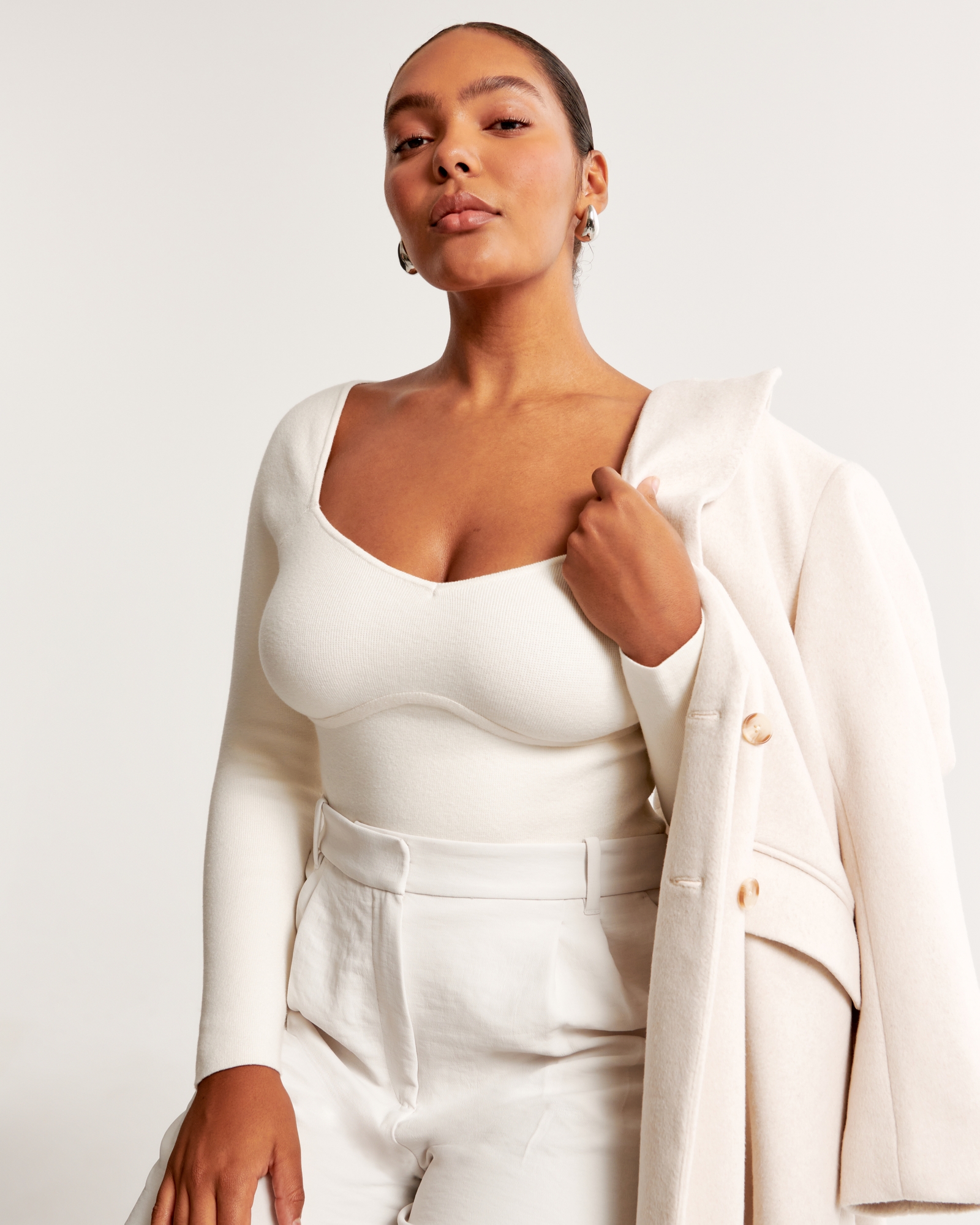 Womens Strapless Top With Middle Sleeves, Breasted Hood, And Split
