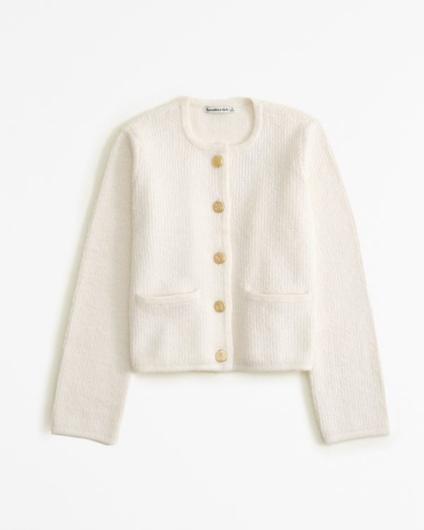 Collarless Sweater Cardigan, Cream