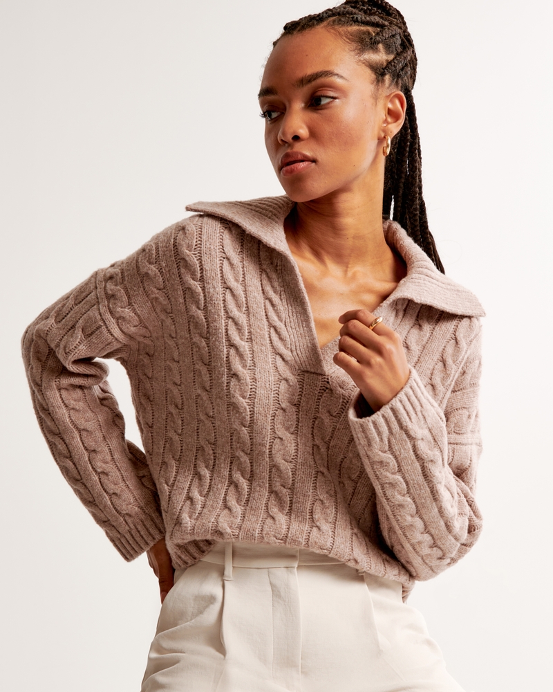 Women's Cable Notch-Neck Sweater, Women's Clearance