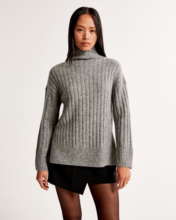 Long-Length Ribbed Funnel Neck Sweater, Grey