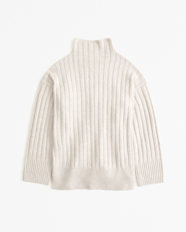 Long-Length Ribbed Funnel Neck Sweater, Beige