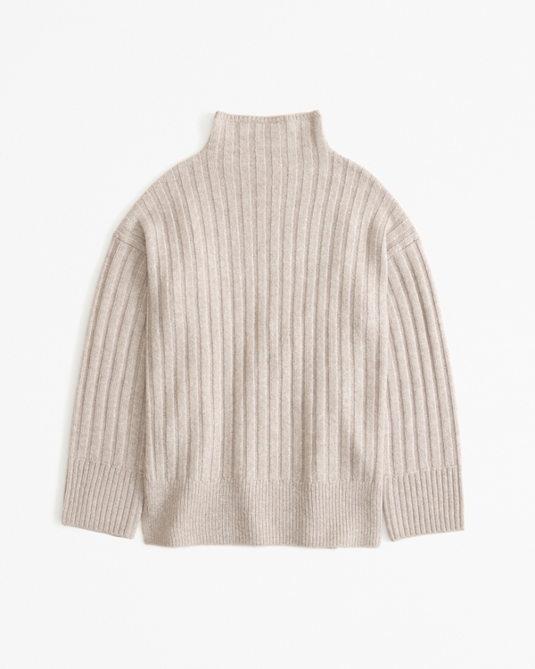 Long-Length Ribbed Funnel Neck Sweater, Brown