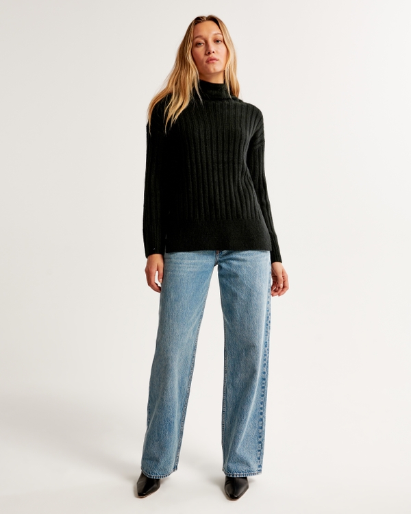 Long-Length Ribbed Funnel Neck Sweater, Black
