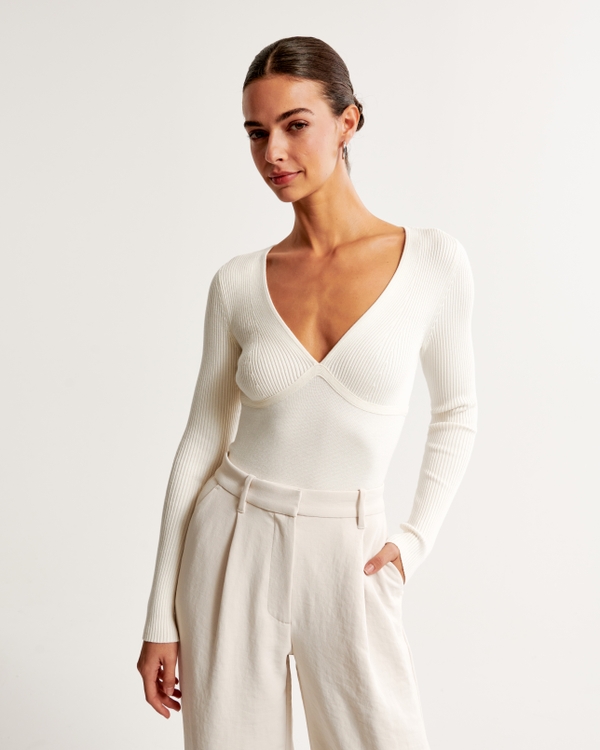 Long-Sleeve V-Neck Sweater Bodysuit, Cream