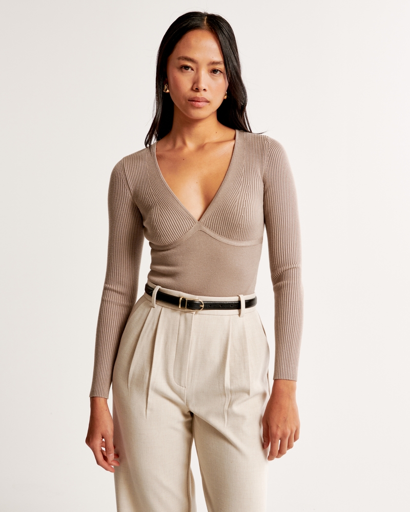 Women's Long-Sleeve V-Neck Sweater Bodysuit, Women's Clearance