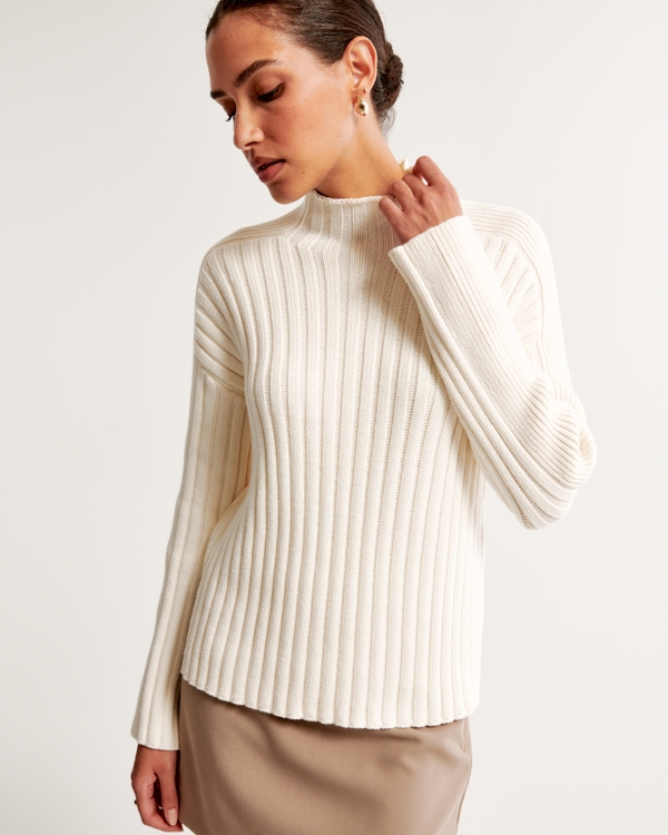 Ribbed Mockneck Sweater, Cream