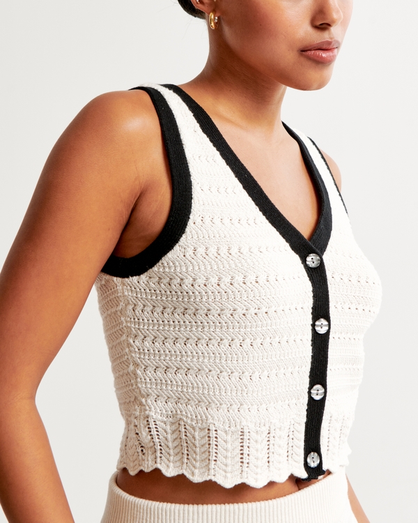Crochet-Style Sweater Vest, Cream And Black