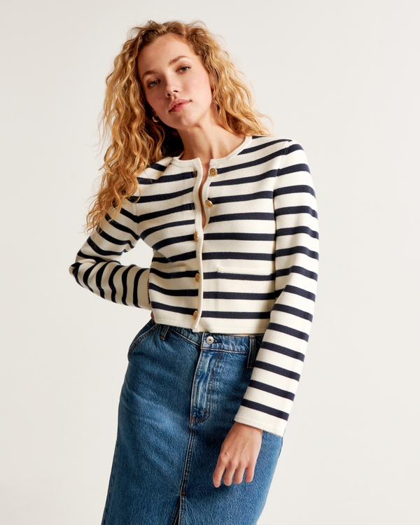 LuxeLoft Crew Sweater Jacket, Navy Stripe