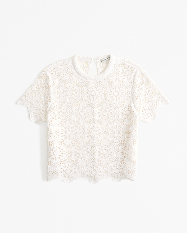 Crochet-Style Floral Lace Tee, Cream