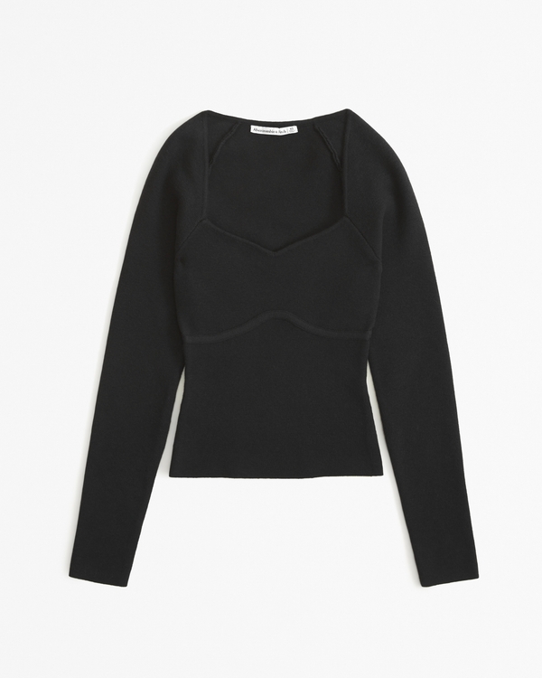 Long-Sleeve Sweetheart Sweater Top, Black