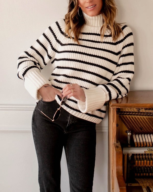 Easy Turtleneck Sweater, Black Stripe