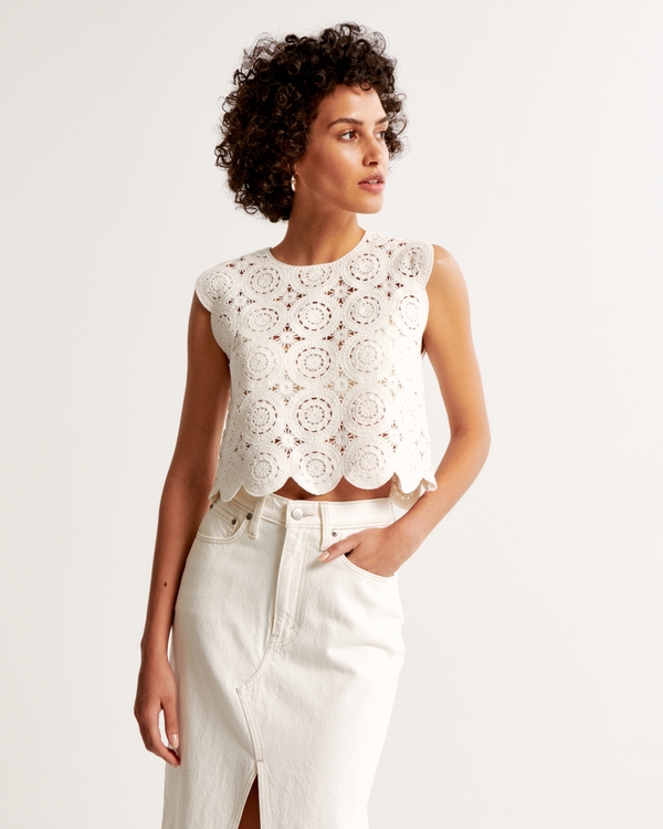 Crochet-Style Mosaic Tile Shell Top, Cream