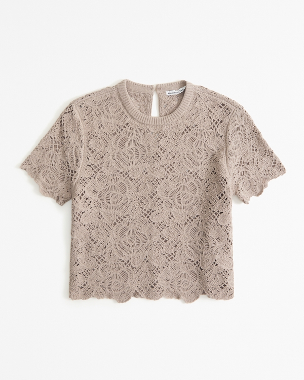 Crochet-Style Lacy Tee, Clay Brown