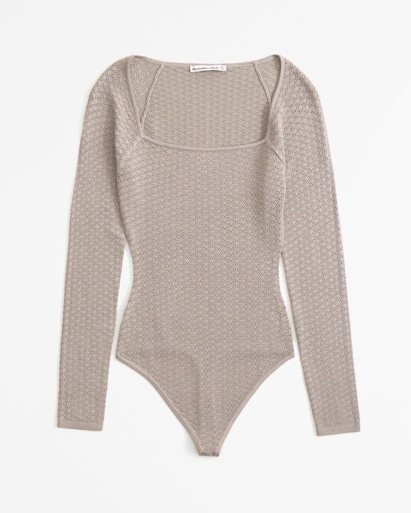 Clearance Square Neck Bodysuit for Women Long Sleeve Thong