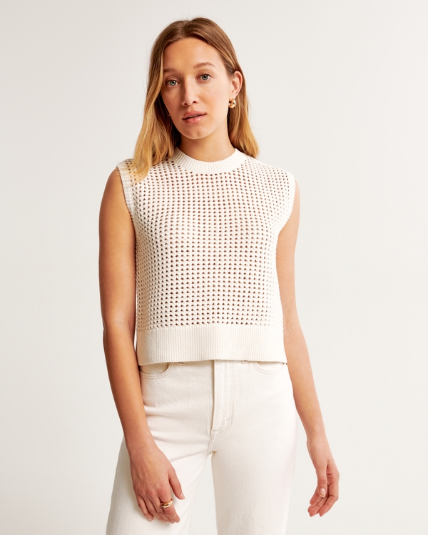 Crop top en maille tricot ajourée crème et rayures