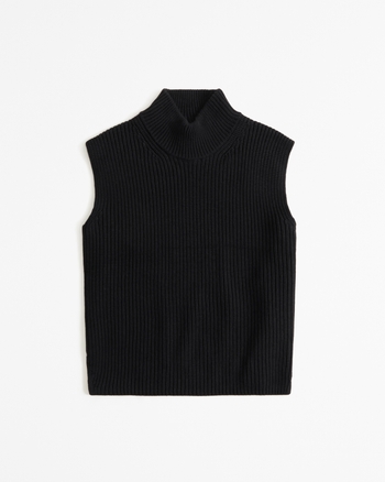 Black Eyelash Knit Top - Sleeveless Sweater Top - Turtleneck Top