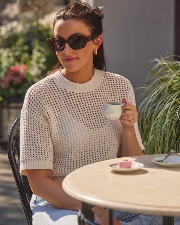 Short-Sleeve Crochet-Style Tee, Cream