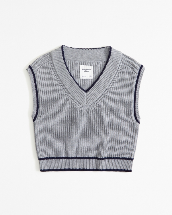 Tipped V-Neck Sweater Vest, Grey