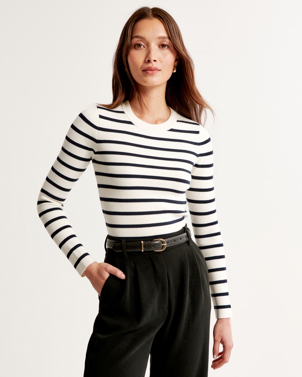 Slim Crew Sweater Top, Navy Stripe