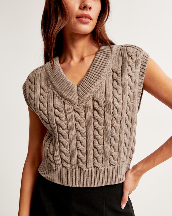 Cable V-Neck Sweater Vest, Taupe