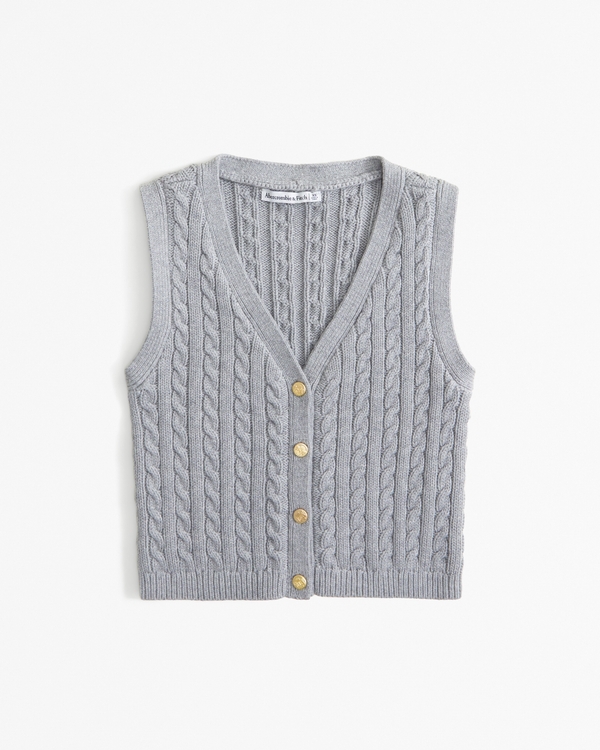 The A&F Mara Cable Button-Up Sweater Vest, Grey