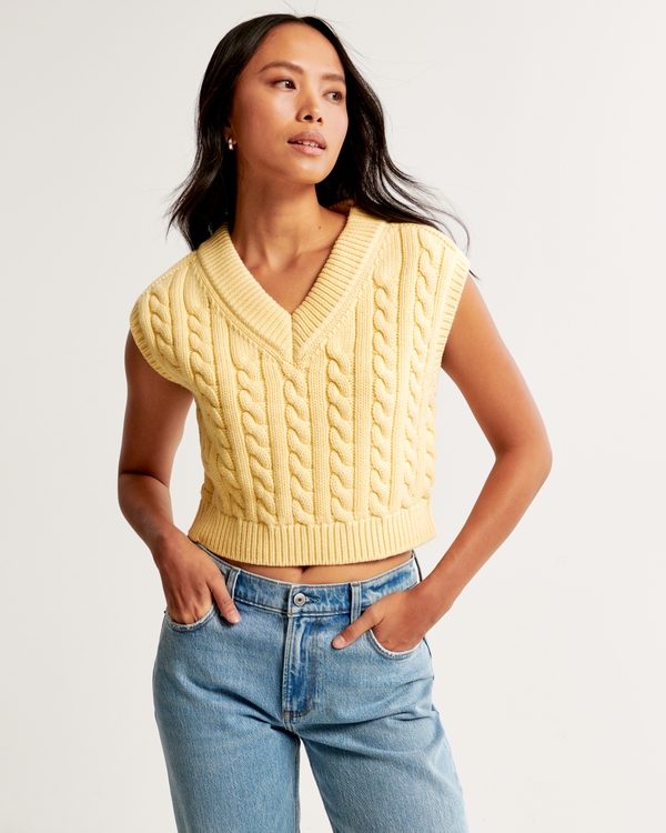Cable V-Neck Sweater Vest, Yellow