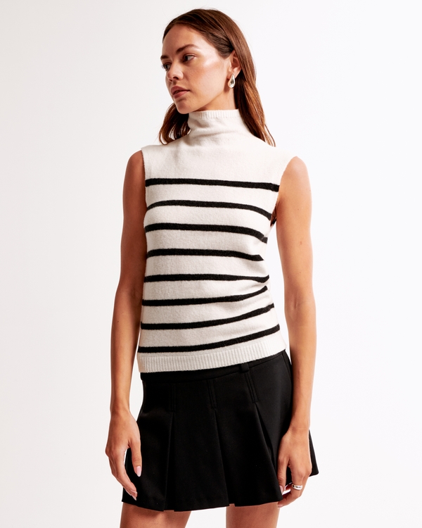 Merino Wool-Blend Mockneck Shell Top, White Stripe