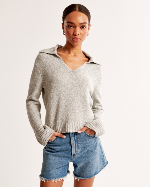 Textural Notch-Neck Sweater, Light Gray