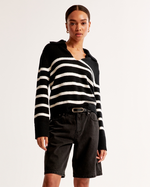 Textural Notch-Neck Sweater, Black Stripe