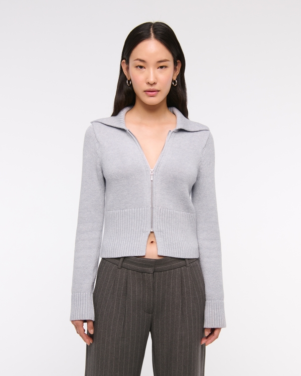 Zip-Up Collared Cardigan, Gray