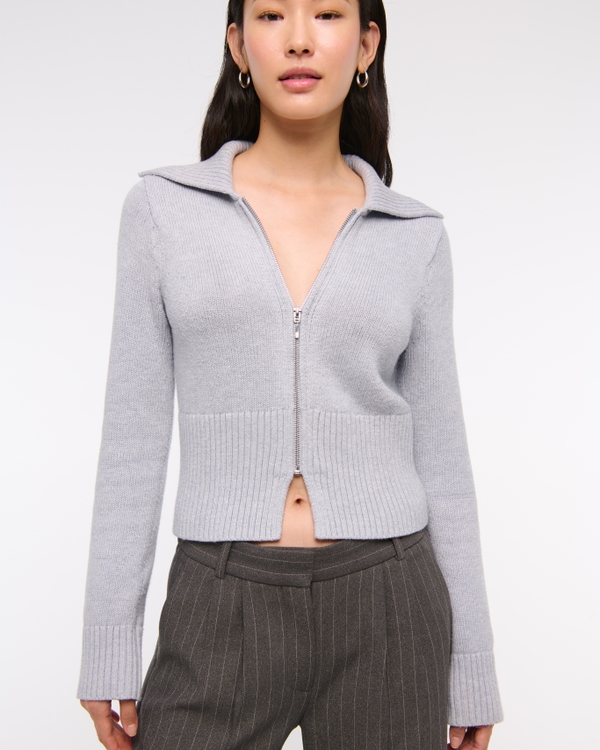 Zip-Up Collared Cardigan, Gray view 2